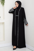 hafsamina Stone Detailed Inner Layer Abaya Set Black Hm2858