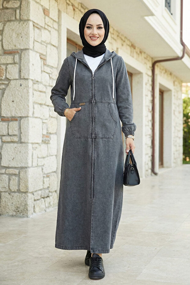 Hb Harma Time Butik Women's Hooded Denim Dark Gray Jeans Cap with Pockets and Zipper