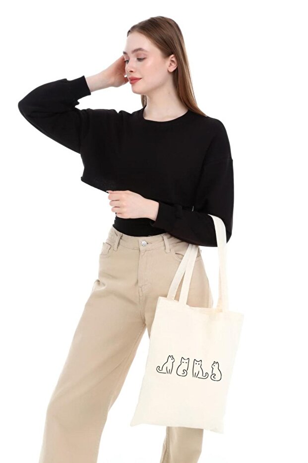 Çınar Bez Çanta Little Cats Printed Raw Cloth Bag