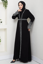 hafsamina Stone Detailed Inner Layer Abaya Set Black Hm2858