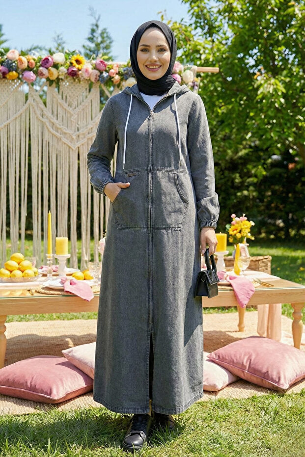 Hb Harma Time Butik Women's Hooded Denim Dark Gray Jeans Cap with Pockets and Zipper