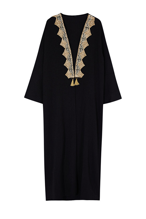 Trendyol Modest Black Gold Embroidery Detailed Woven Cap & Ferace & Abaya & Kimono Tctss24Kf00055