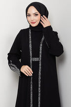 hafsamina Stone Detailed Inner Layer Abaya Set Black Hm2858