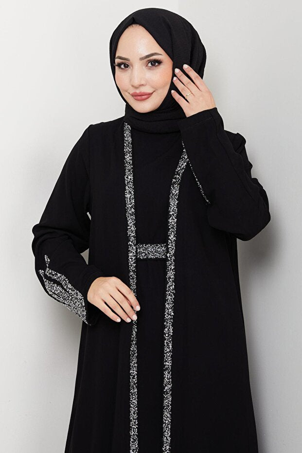 hafsamina Stone Detailed Inner Layer Abaya Set Black Hm2858