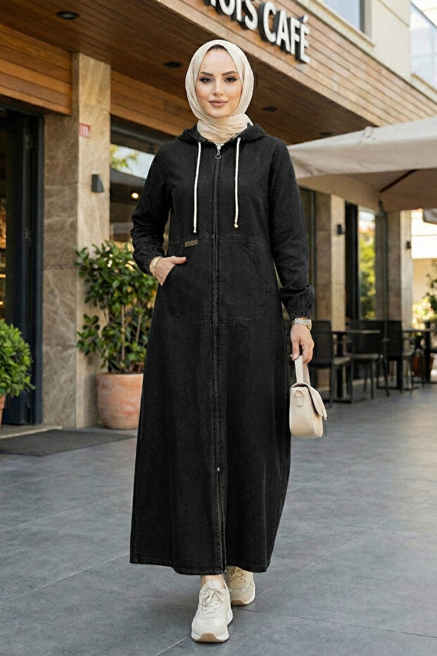 Hb Harma Time Butik Women's Hooded Denim Black Jeans Cap with Pockets and Zipper