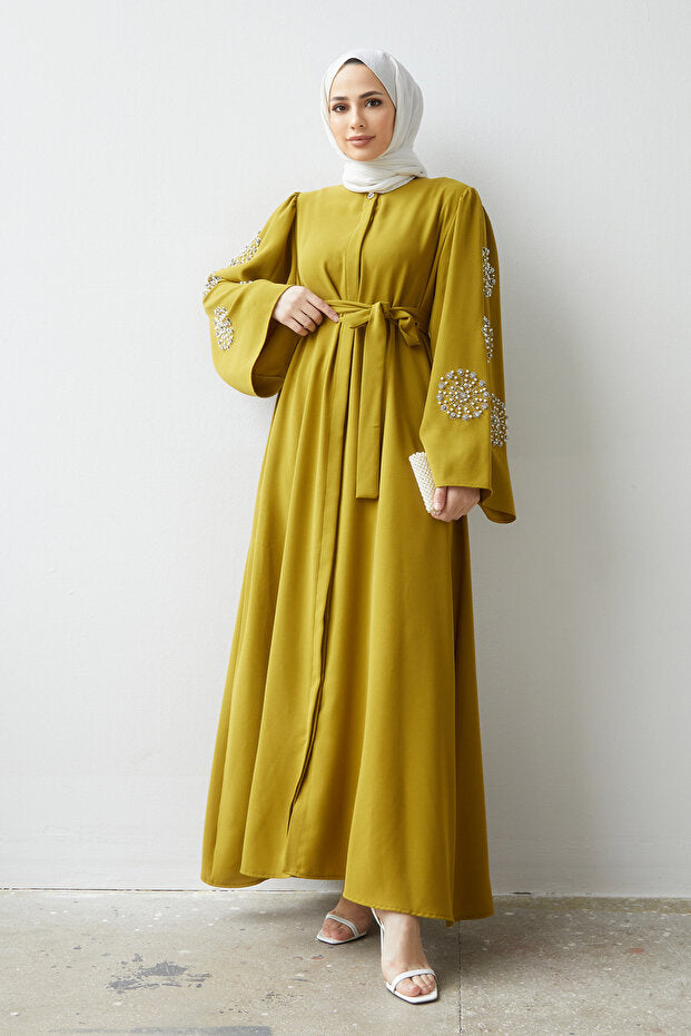 VAVİNOR Liva Stone Abaya with Arms - Oil Green
