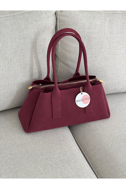 BAGLOVİS Burgundy Suede Women's Shoulder and Shoulder Bag En32 Boy16