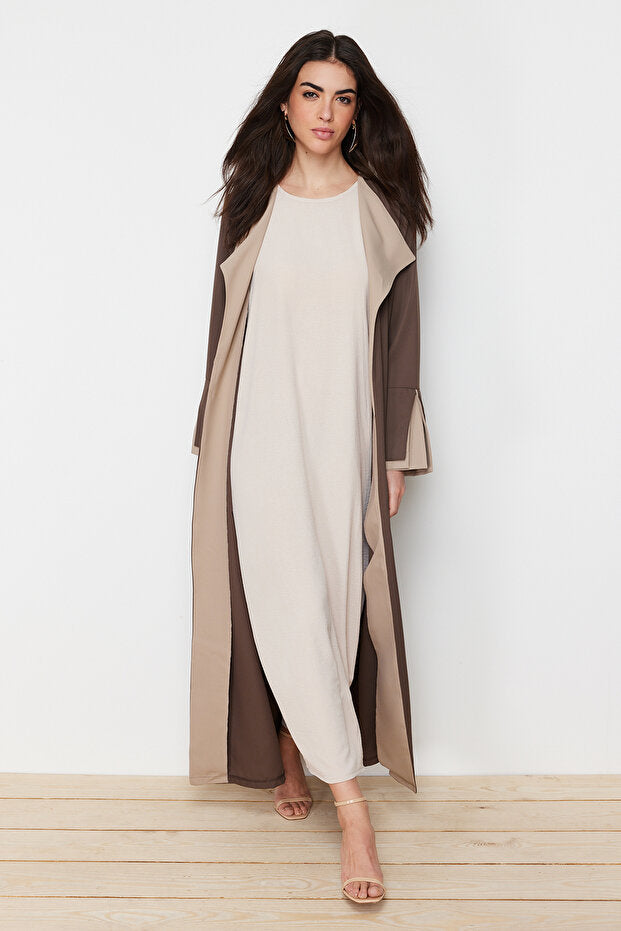 Trendyol Modest Brown Stone Color Blocked Long Aerobin Woven Cap & Ferace & Abaya TCTSS24KF00011