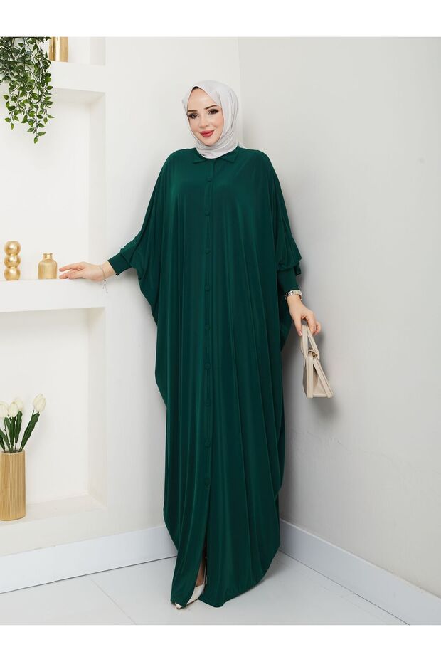 MODAMÜNASİP Long Sandy Ferace with Buttoned Front Bat Sleeves