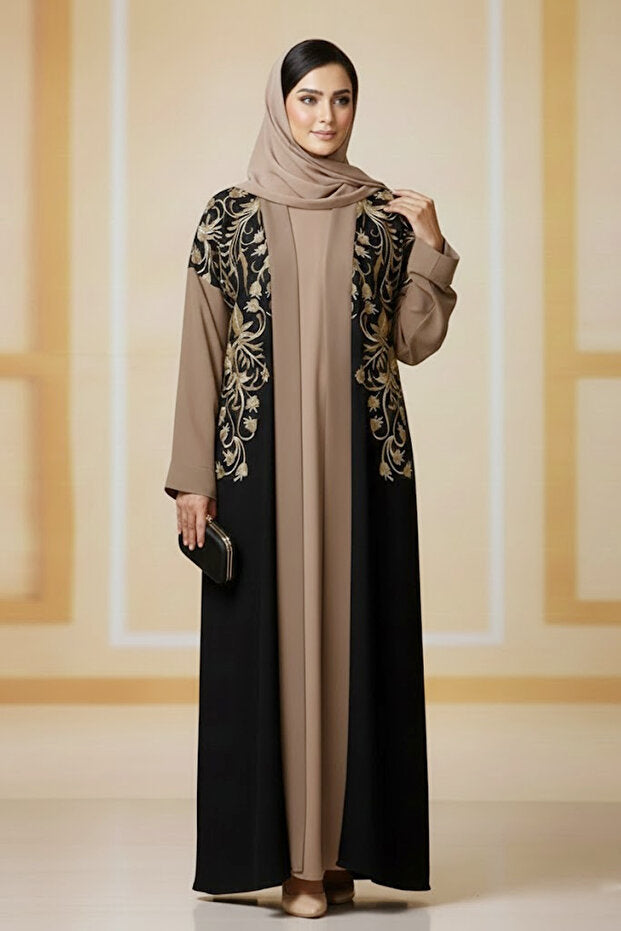 Muchmy 2 Pieces Elegant Black Brown Embroidered Abaya For Women Long Sleeve With Inner Muslim Abaya Dress