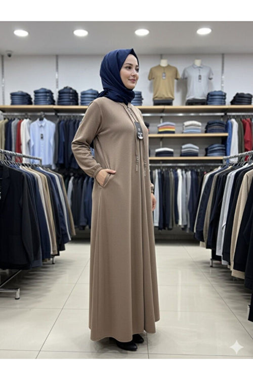 BERNEO Women's Hijab Winter Fabric Ferace with Pocket and Zipper Detail