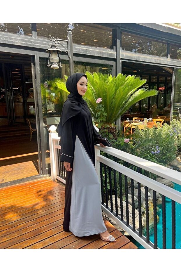 BYAYSEKORKUT Black Gray Abaya - Piece Design