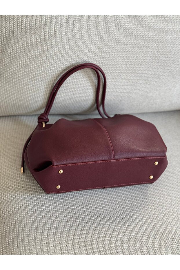 BAGLOVİS Women's Knot Detailed Medium Size Burgundy Faux Leather Zippered Shoulder Bag En35 Boy20