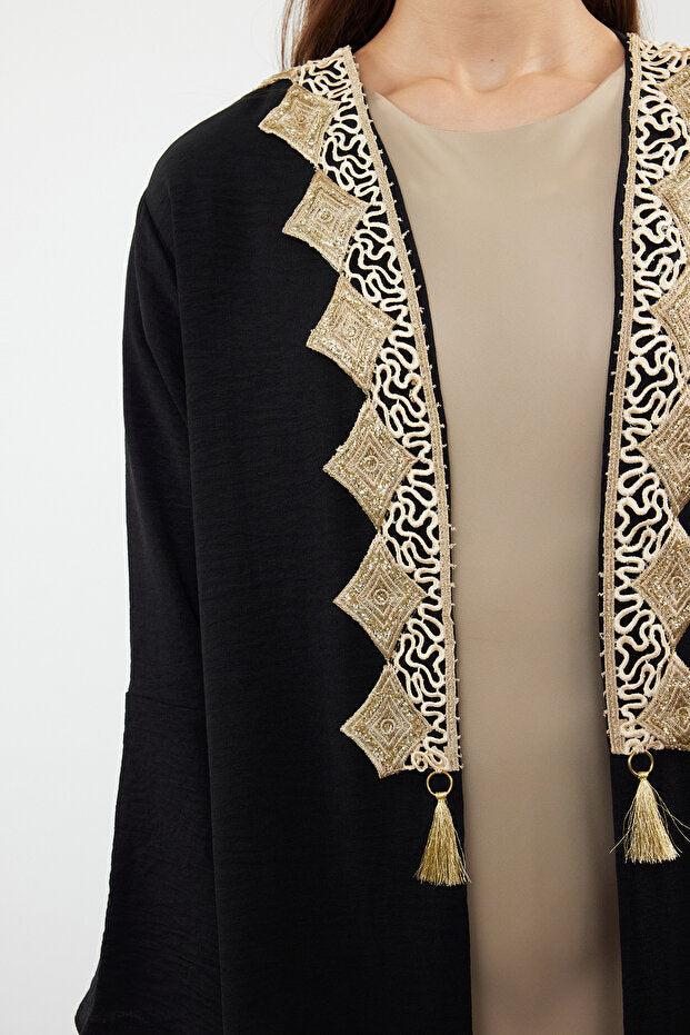 Trendyol Modest Black Gold Embroidery Detailed Woven Cap & Ferace & Abaya & Kimono Tctss24Kf00055