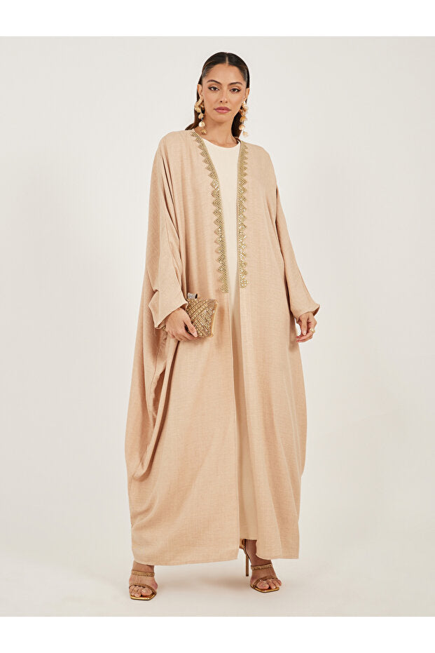 Styli Textured Batwing Sleeve Abaya with Lace Detail