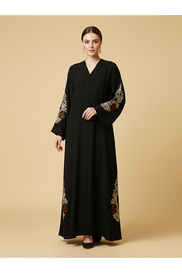 Muchmy Elegant Black Floral Embroidered Abaya For Women's Button Closure V-neck Long Sleeve Muslim Abaya
