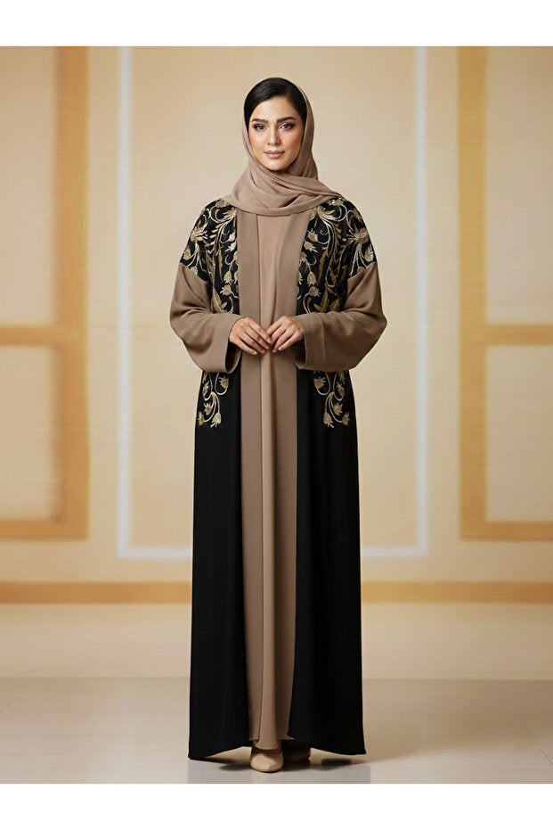 Muchmy 2 Pieces Elegant Black Brown Embroidered Abaya For Women Long Sleeve With Inner Muslim Abaya Dress