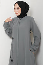 hafsamina Large Size Ferace with Stones on the Front, Gray Hm2800