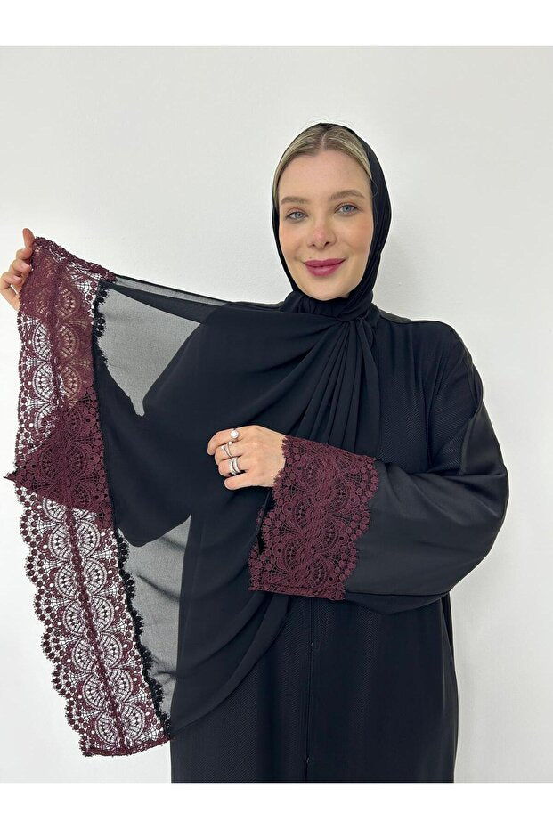 GigiTex Burgundy Danzele Abaya Hijab Shawl, Standard Size 38-44, Size Back Plain Front Patterned
