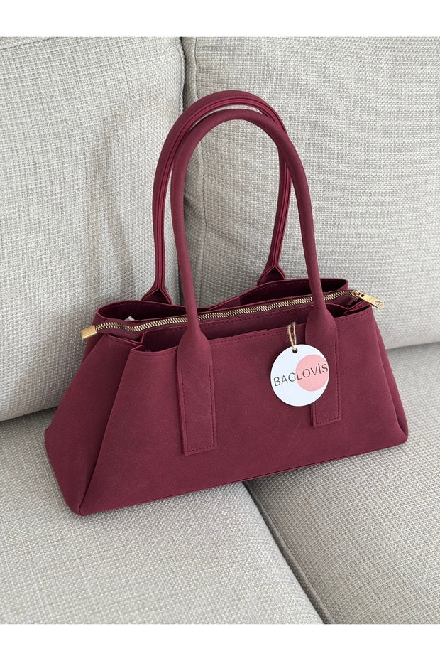 BAGLOVİS Burgundy Suede Women's Shoulder and Shoulder Bag En32 Boy16