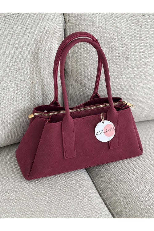 BAGLOVİS Burgundy Suede Women's Shoulder and Shoulder Bag En32 Boy16