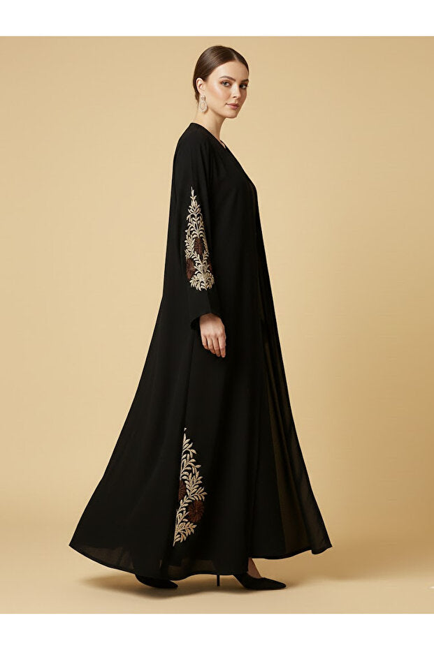 Muchmy Elegant Black Floral Embroidered Abaya For Women's Button Closure V-neck Long Sleeve Muslim Abaya