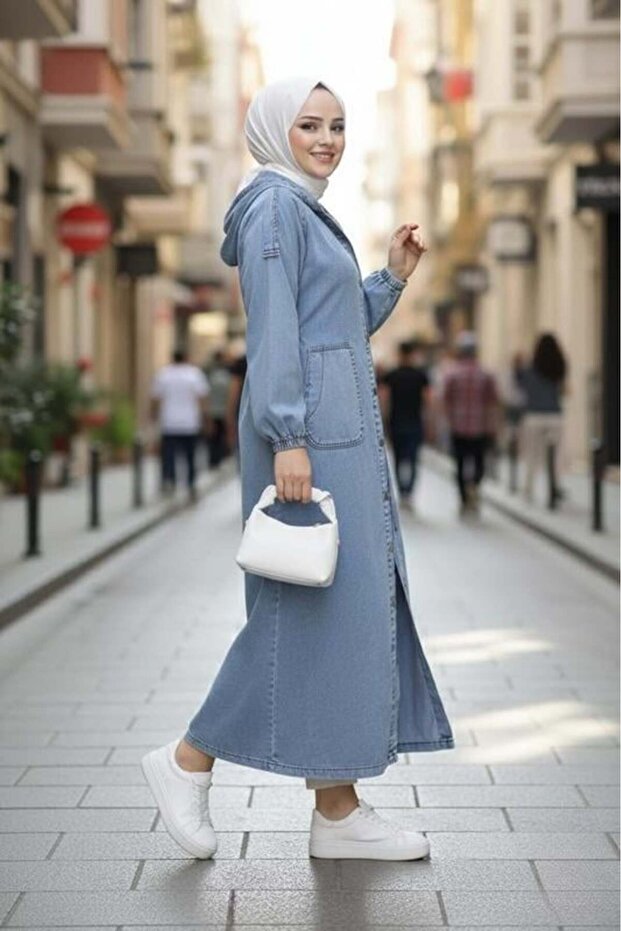 Hb Harma Time Butik Women's Buttoned Hooded Pocket Denim Blue Cap