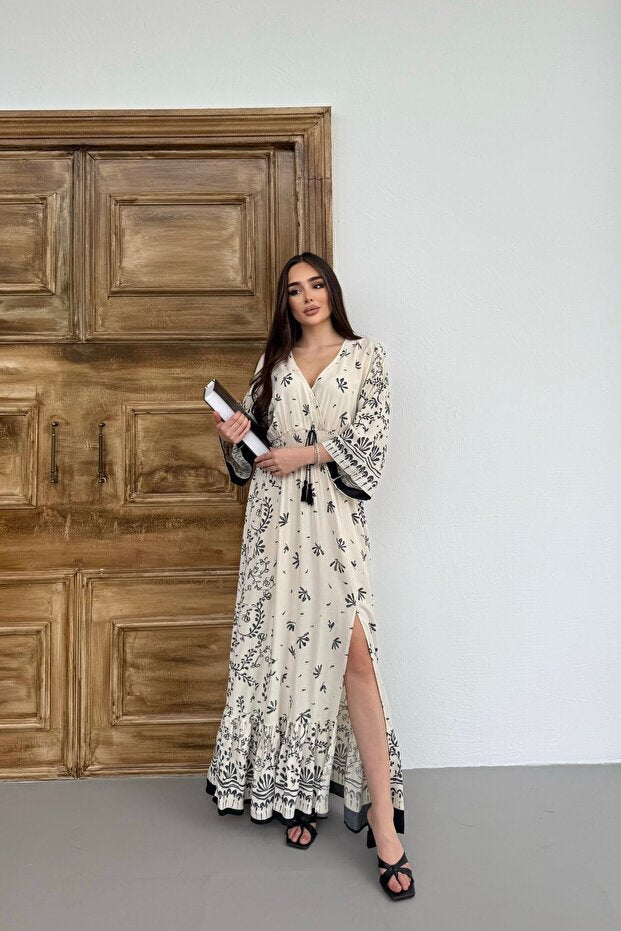 Mezka Women's Black Patterned Waist Gimped Long Slit Dress