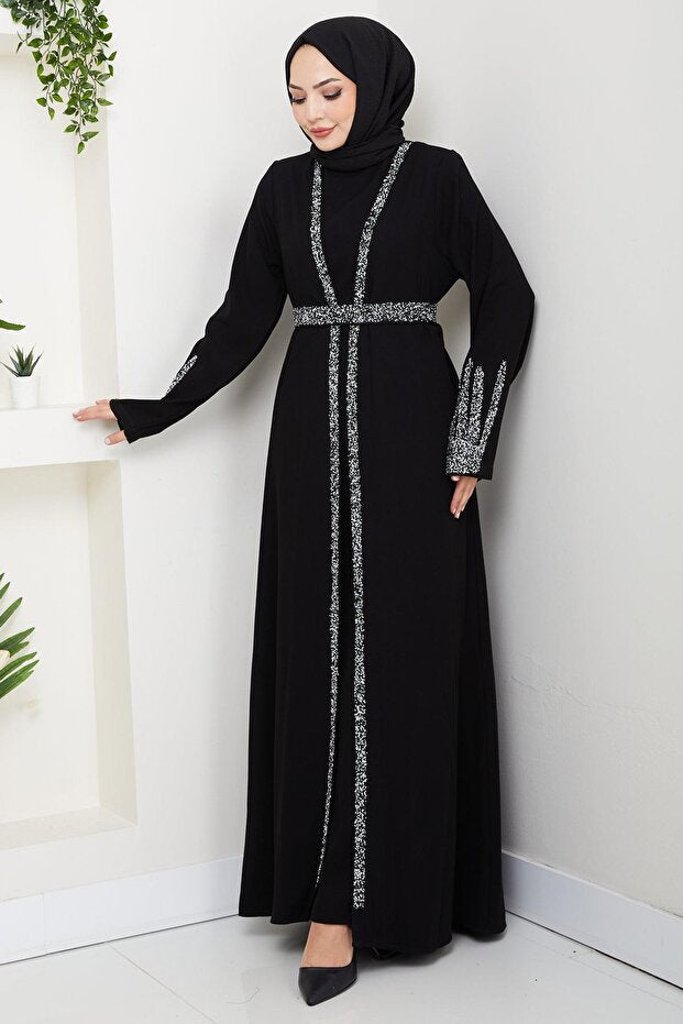 hafsamina Stone Detailed Inner Layer Abaya Set Black Hm2858