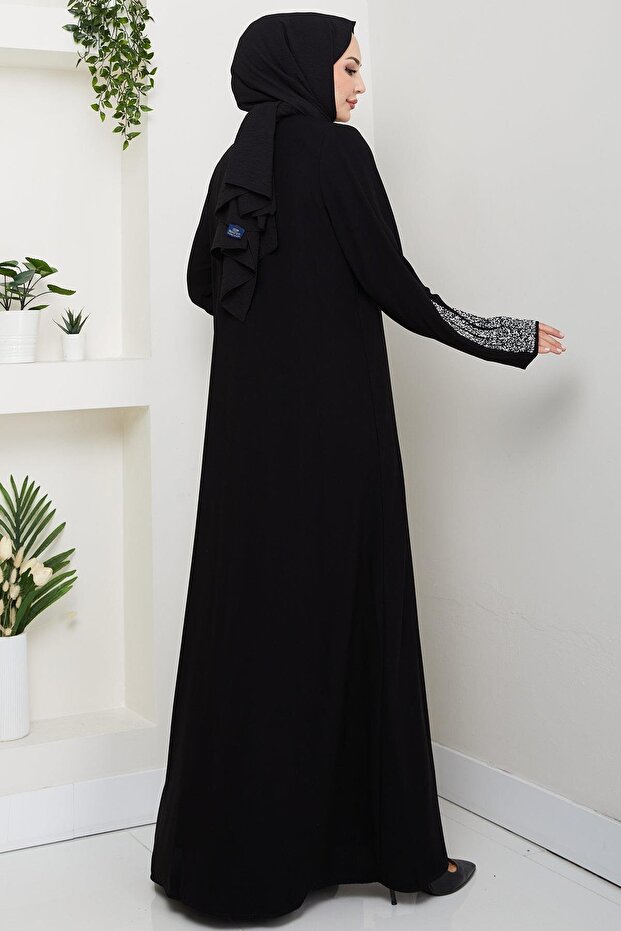 hafsamina Stone Detailed Inner Layer Abaya Set Black Hm2858