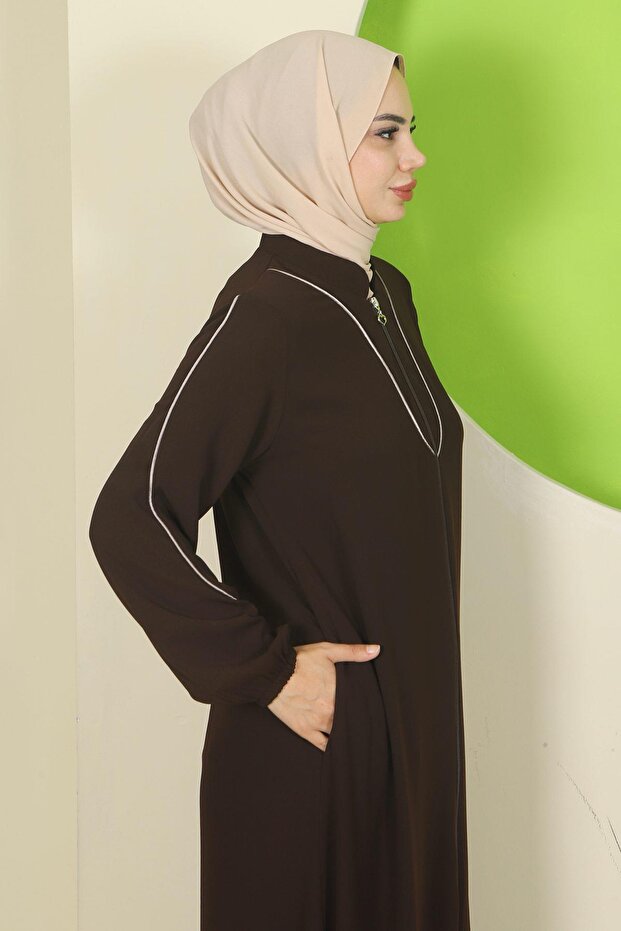 hafsamina Piping Detailed Ferace Bitter Brown Hm2812