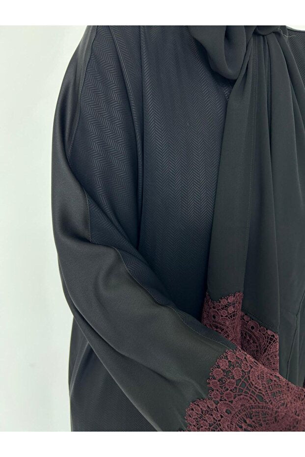 GigiTex Burgundy Danzele Abaya Hijab Shawl, Standard Size 38-44, Size Back Plain Front Patterned