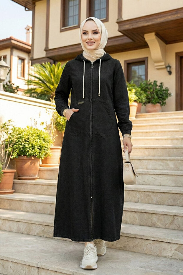 Hb Harma Time Butik Women's Hooded Denim Black Jeans Cap with Pockets and Zipper