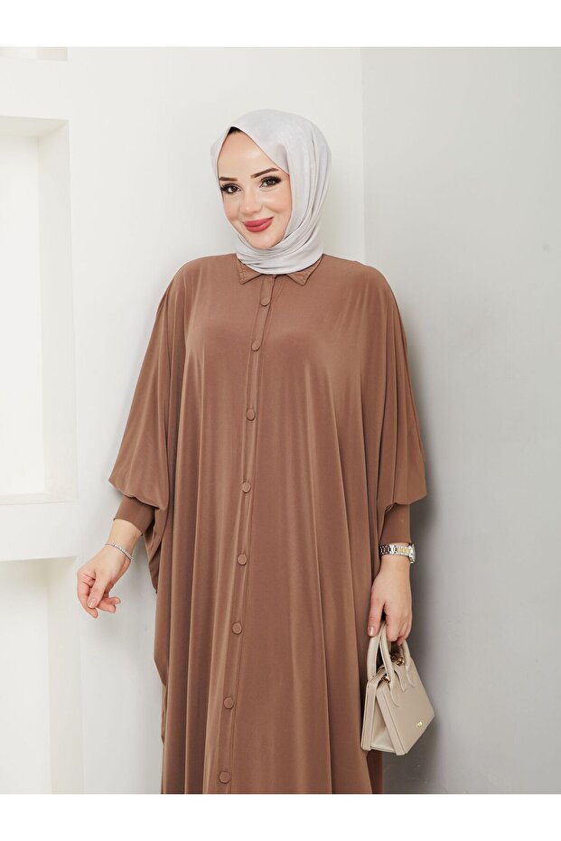 MODAMÜNASİP Long Sandy Ferace with Buttoned Front Bat Sleeves