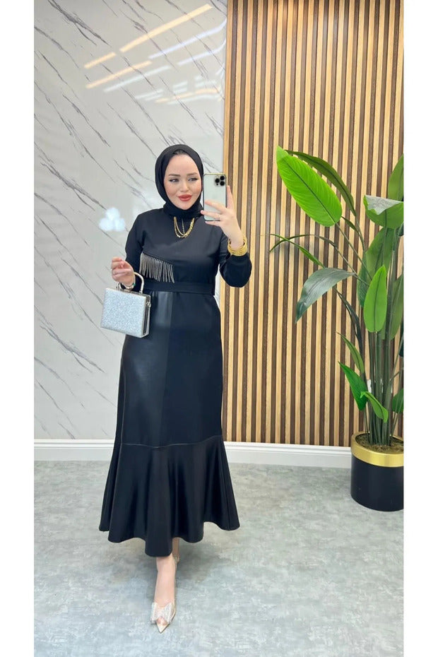 VOLT CLOTHİNG Women's Leather Detailed Black Dress