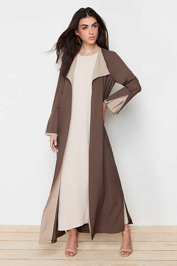 Trendyol Modest Brown Stone Color Blocked Long Aerobin Woven Cap & Ferace & Abaya TCTSS24KF00011