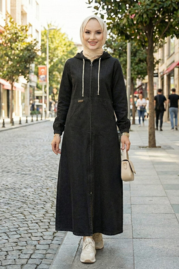 Hb Harma Time Butik Women's Hooded Denim Black Jeans Cap with Pockets and Zipper