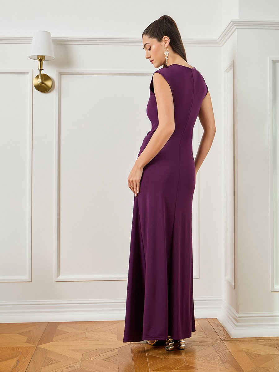 Women Burgundy Sleeveless Ruched Maxi Dress