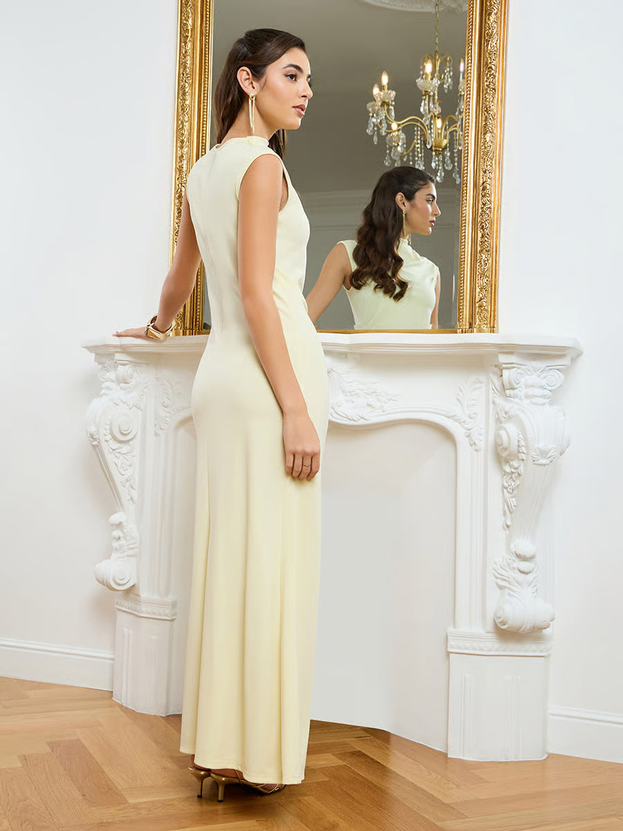 Women Burgundy Sleeveless Ruched Maxi Dress