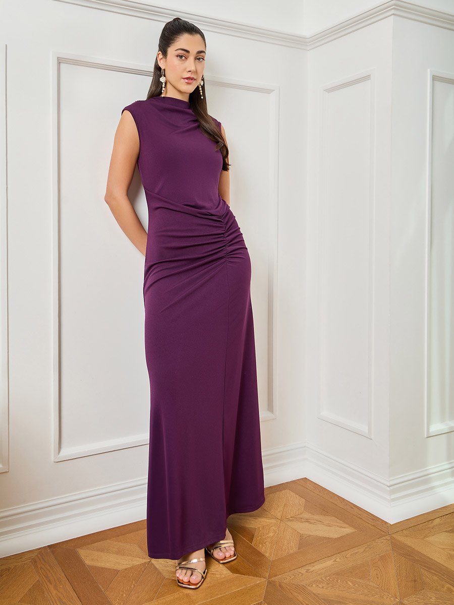 Women Burgundy Sleeveless Ruched Maxi Dress