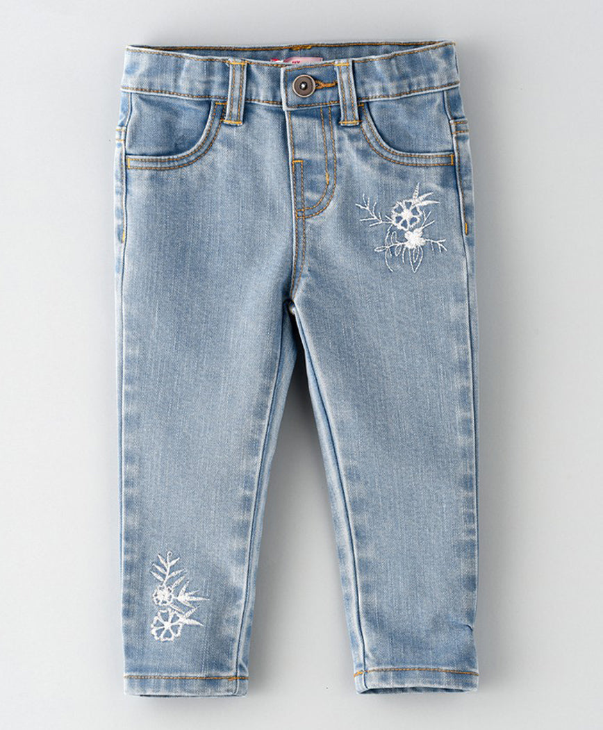 Jelliene Woven Denim Pants With Flower Embroidered - Medium Blue