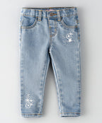 Jelliene Woven Denim Pants With Flower Embroidered - Medium Blue