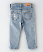 Jelliene Woven Denim Pants With Flower Embroidered - Medium Blue