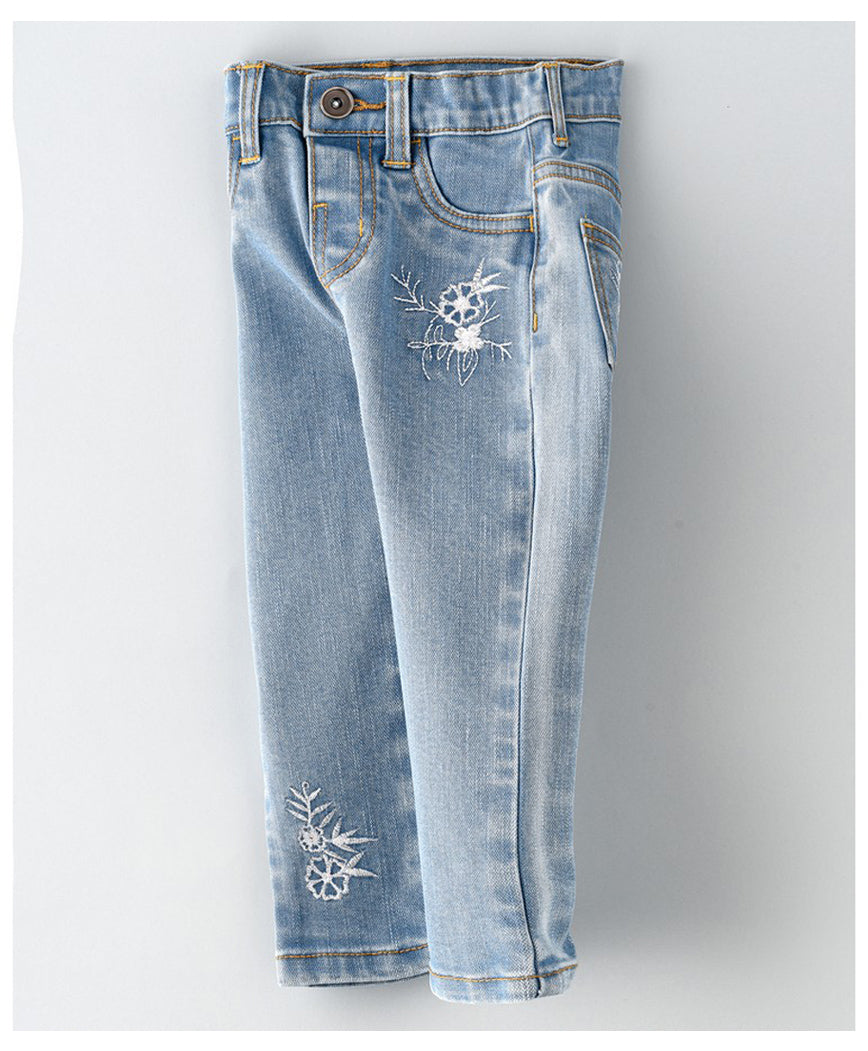Jelliene Woven Denim Pants With Flower Embroidered - Medium Blue
