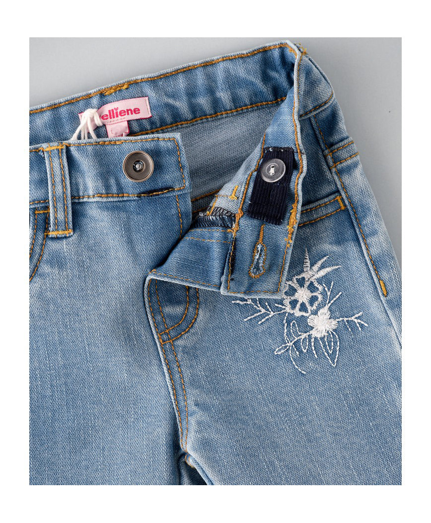 Jelliene Woven Denim Pants With Flower Embroidered - Medium Blue
