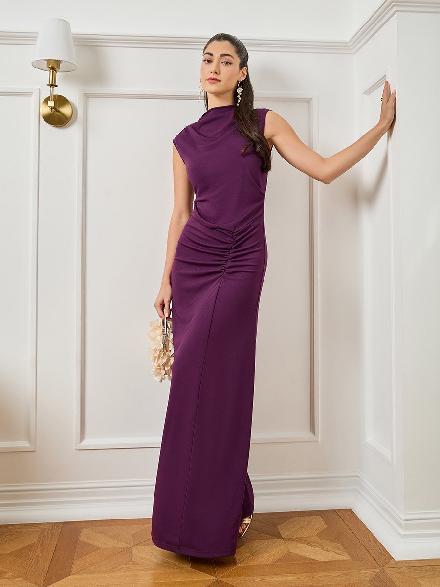 Women Burgundy Sleeveless Ruched Maxi Dress